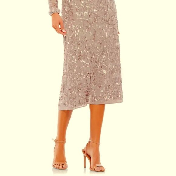 Mac Duggal Mauve Floral Ruffle Neck Long Sleeve Sequin Midi Dress - Picture 2 of 5